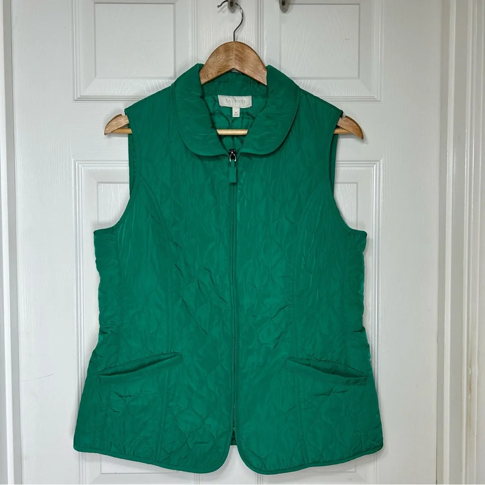 Talbots 2013  Y2K Green Quilted Full Zipper Pockets Classic Vest M‎
